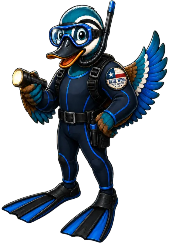 Blue Wing Pool Service mascot performing pool leak detection in Clear Lake Texas