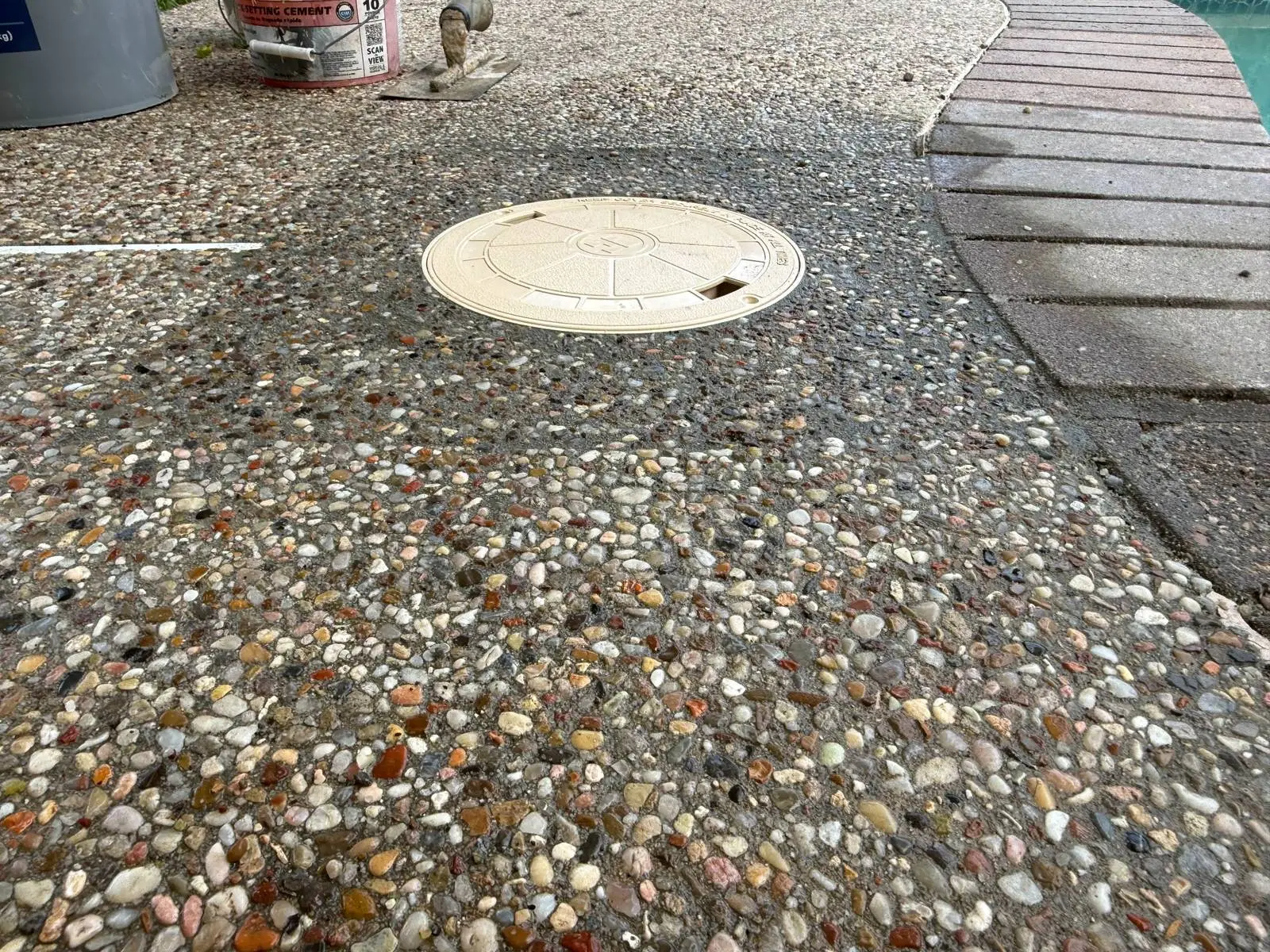 Completed pool skimmer replacement and repaired deck surface